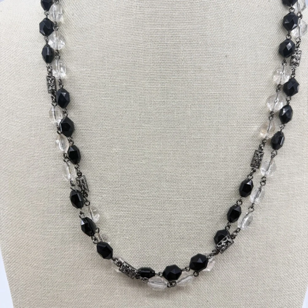Black Clear Faceted Bead Double Strand Necklace Gunmetal Gothic Statement Gift
